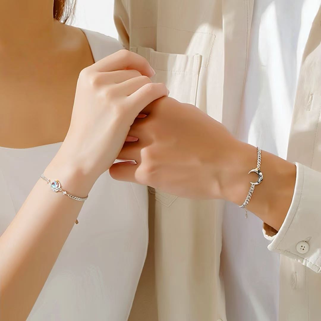 Bracelet Couple – Clair de Lune et Rose, Argent