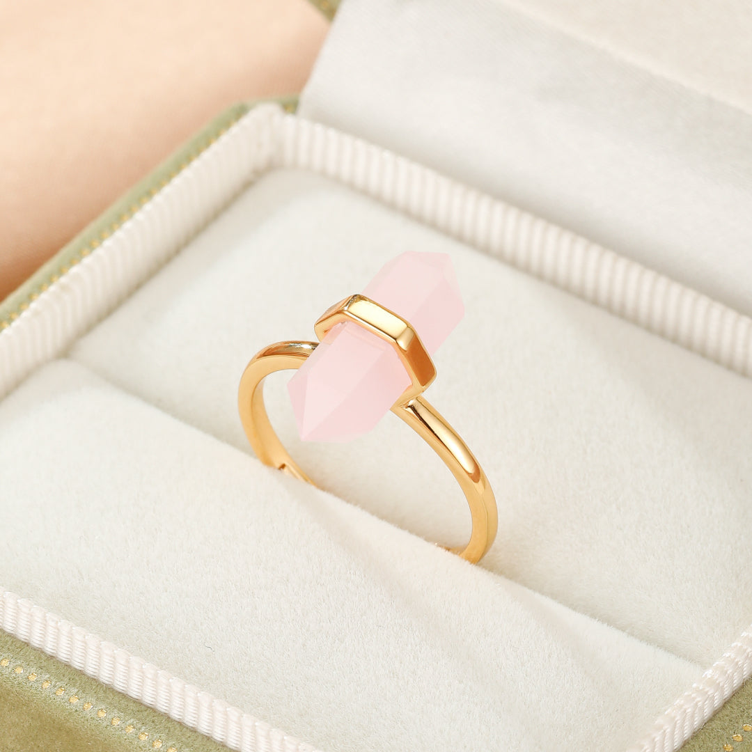 Bague Quartz Rose – Point de Lumière, Argent Plaqué Or 10K