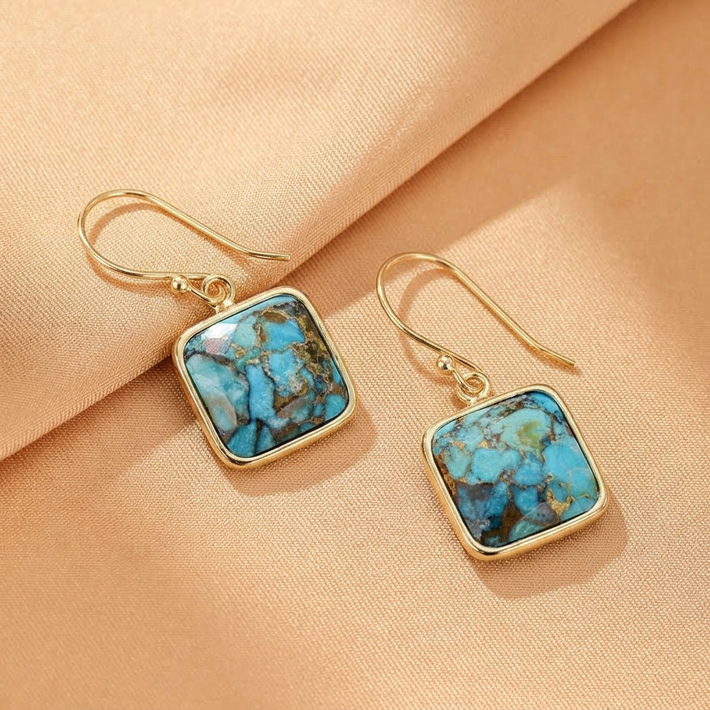 Boucles d'Oreilles Turquoise – Fragments de Ciel, Argent Plaqué Or