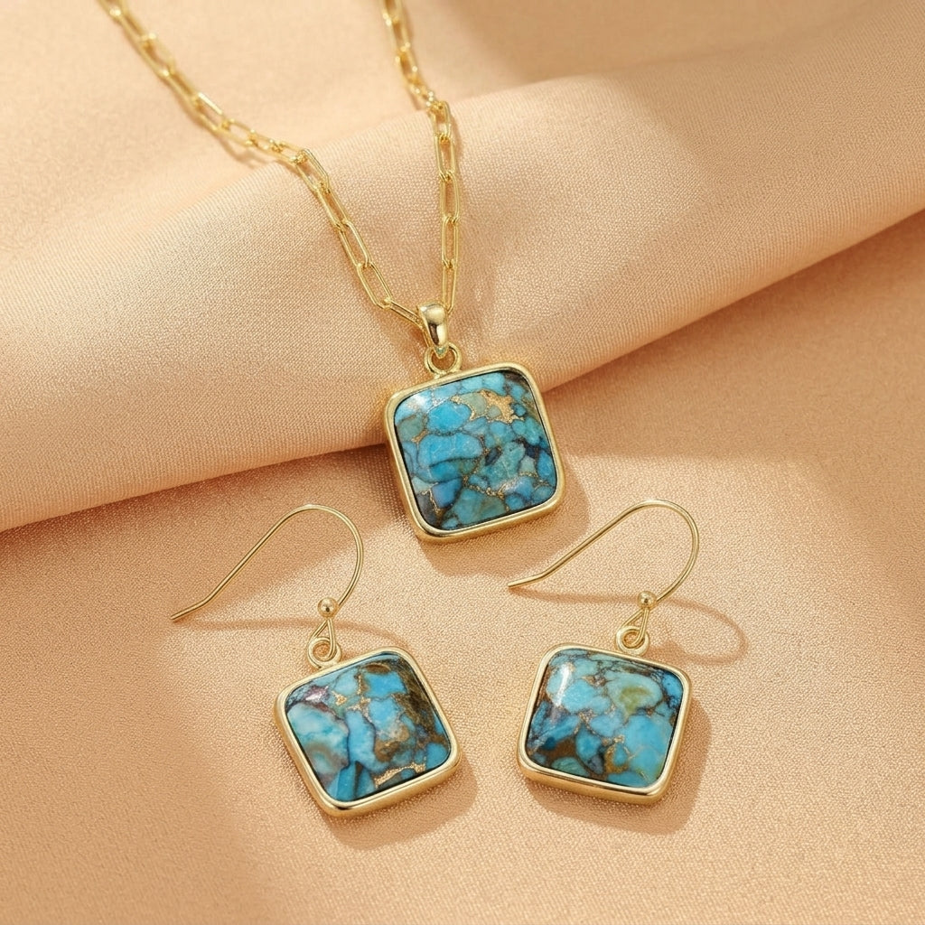Collier Turquoise – Carré de Cyan, Argent Plaqué Or