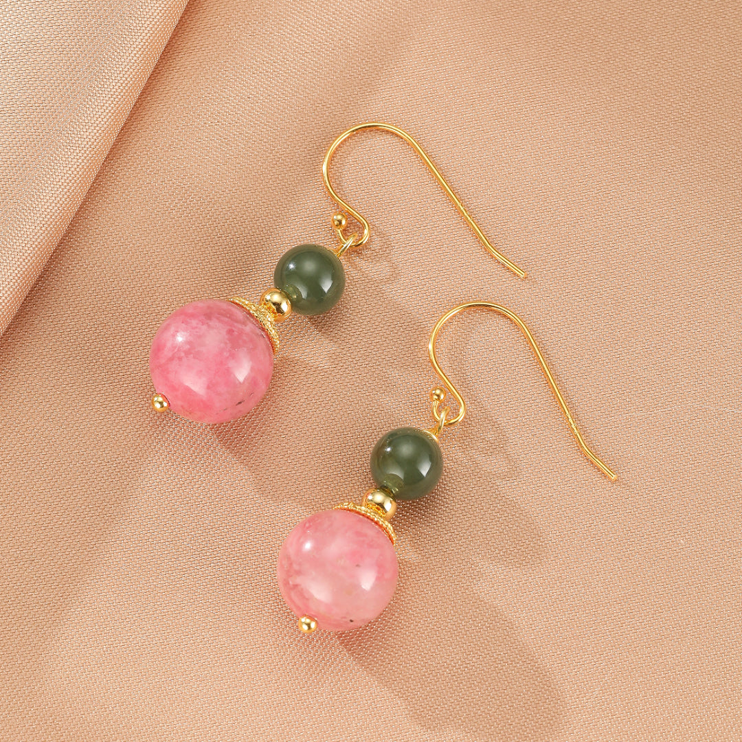 Boucles d’Oreilles Rhodonite et Jade – Duo Bien-Être