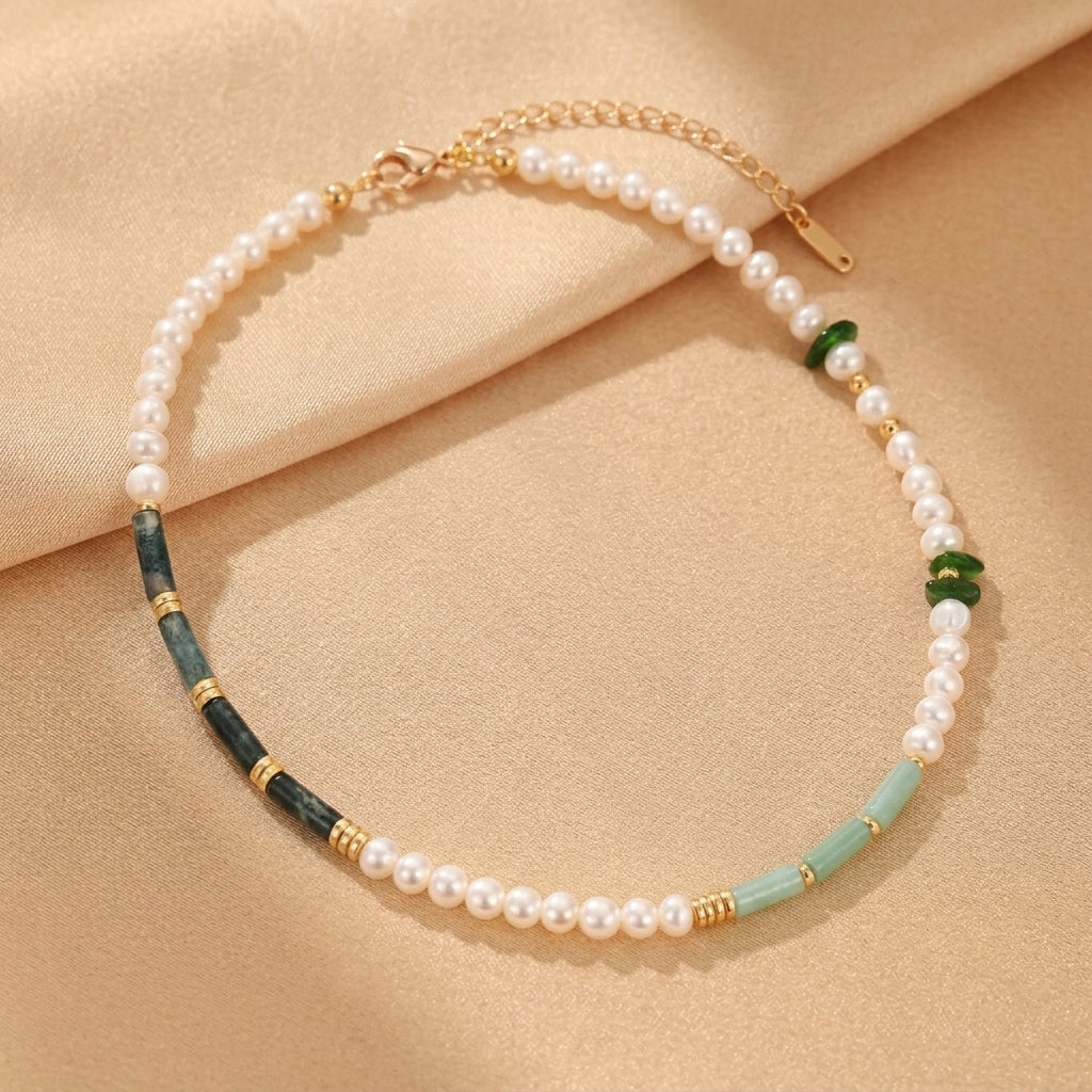 Collier Aventurine et Perle – Onde Apaisante, Argent Plaqué Or