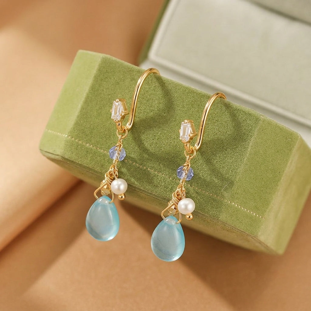 Boucles d'Oreilles Topaze et Perle – Allure Marine, Argent Plaqué Or