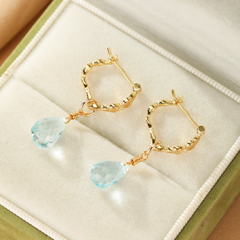 Boucles d'Oreilles Topaze Bleue – Goutte de Sérénité, Argent Plaqué Or