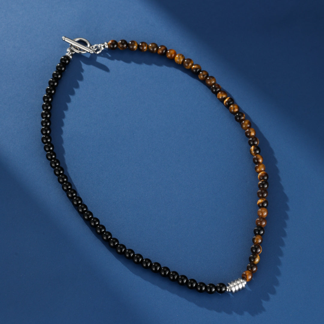 Collier Homme Œil de Tigre et Obsidienne – Fusion Mystique