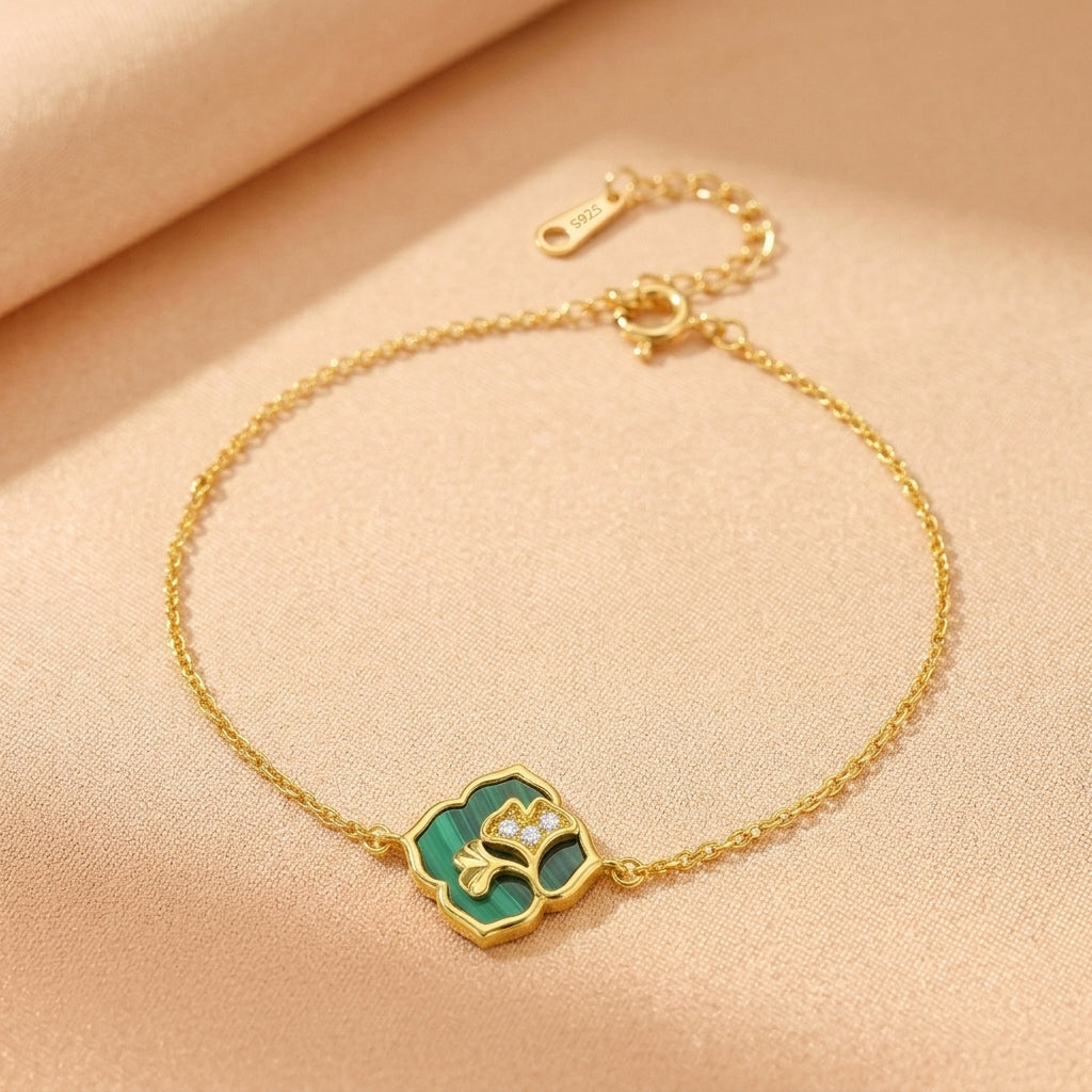 Bracelet Malachite – Éclat Botanique, Argent Plaqué Or