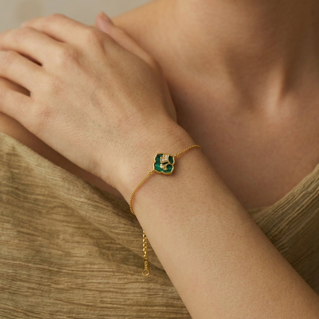 Bracelet Malachite – Éclat Botanique, Argent Plaqué Or