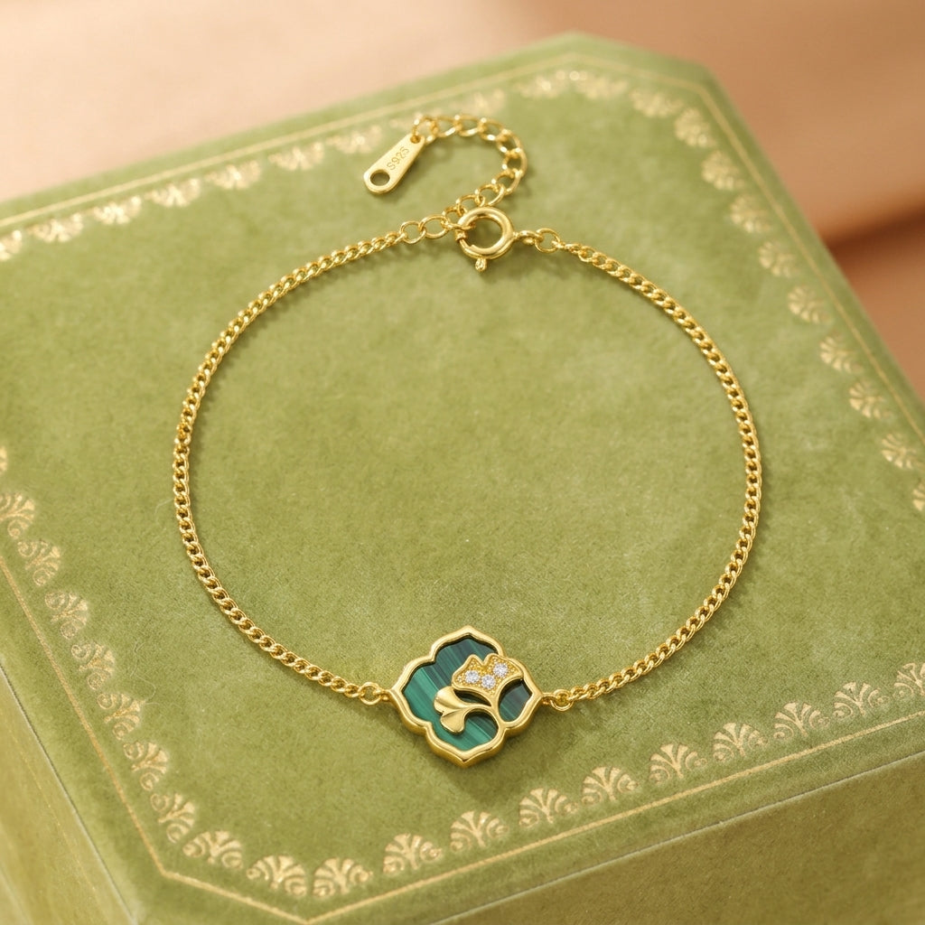 Bracelet Malachite – Éclat Botanique, Argent Plaqué Or