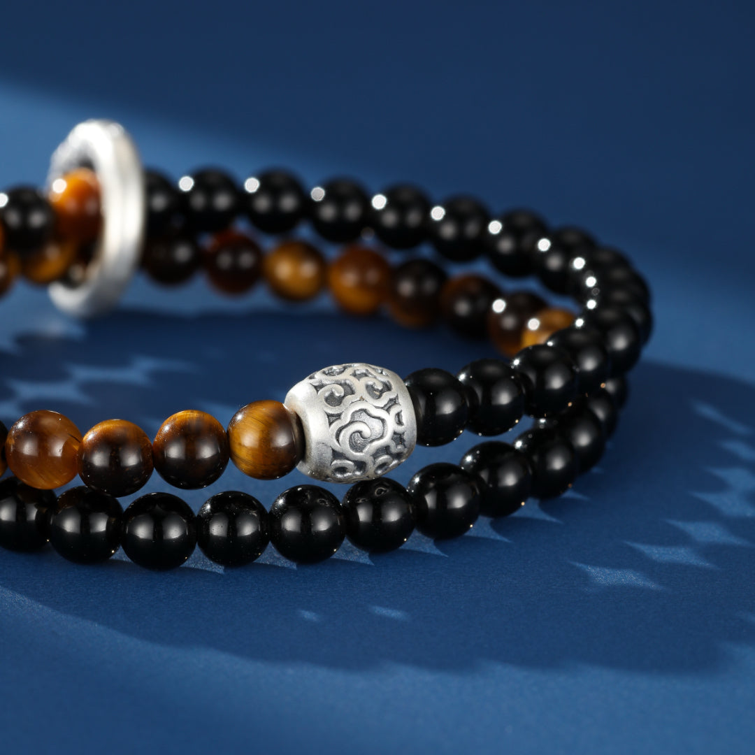 Bracelet Homme Obsidienne et Œil de Tigre – Dualité Solaire, Argent 999