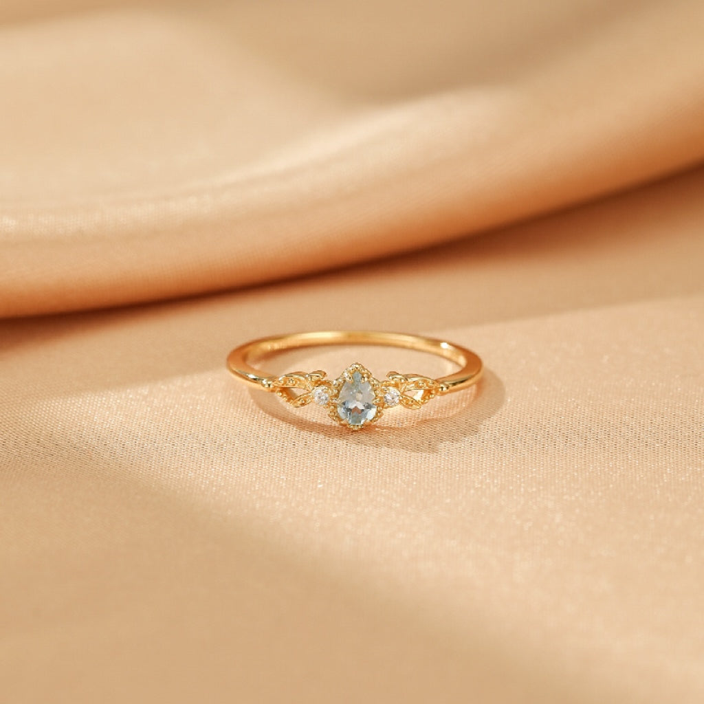Bague Aigue-marine – Charme des Mers, Argent Plaqué Or 14K