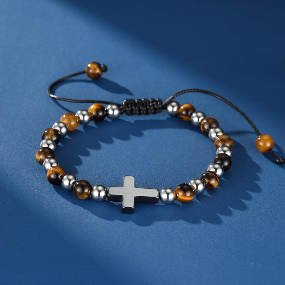 Bracelet Homme Œil de Tigre et Hématite – Croix de Foi