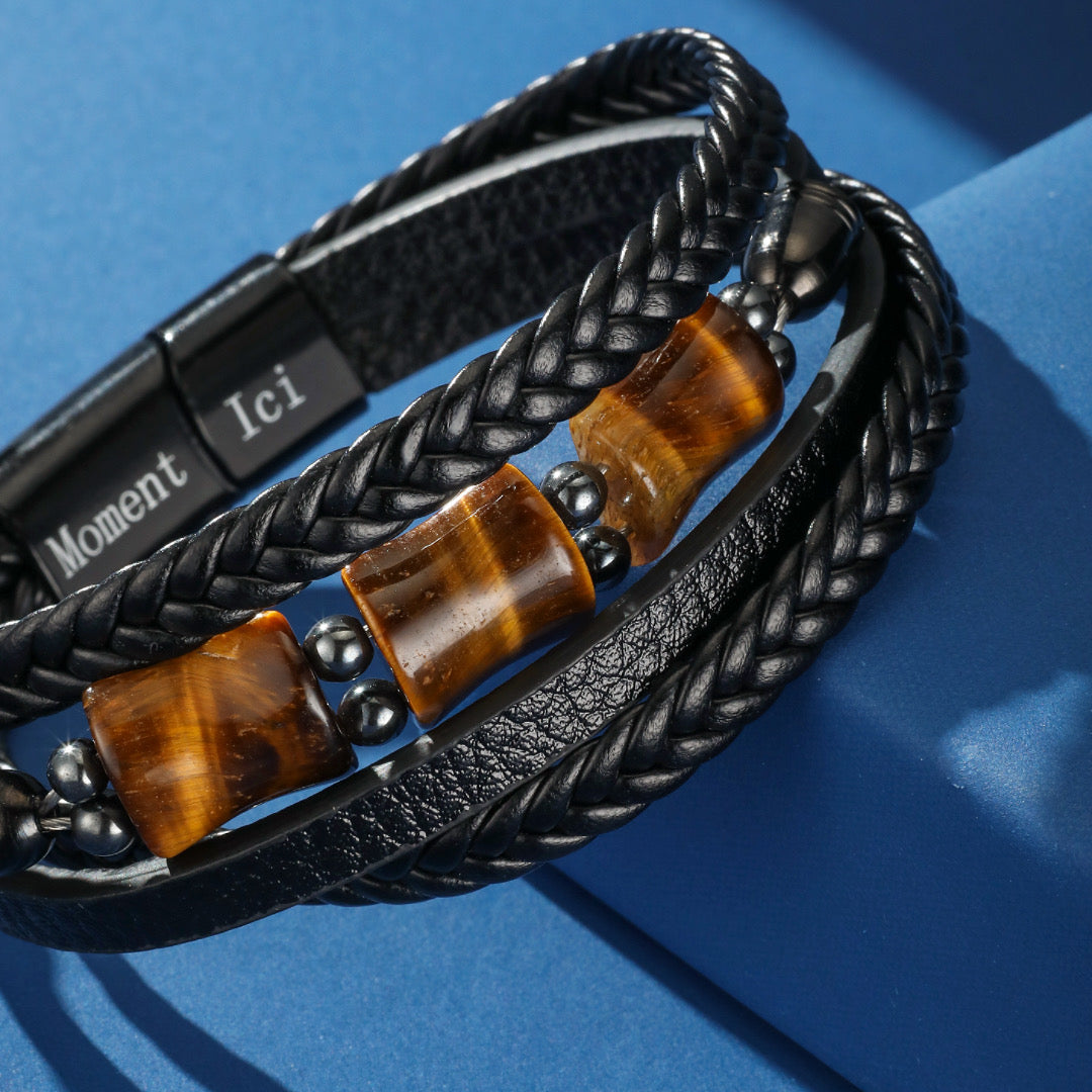 Men's Tiger Eye Leather Bracelet – Sculpted Strength