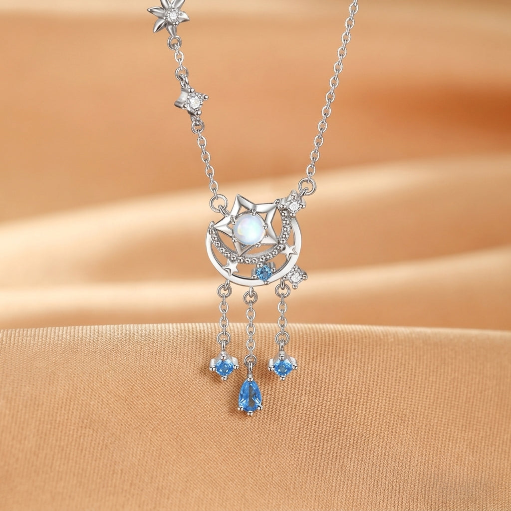 Collier Lune Pierre de Lune et Pierre de Verre – Talisman Lunaire, Argent