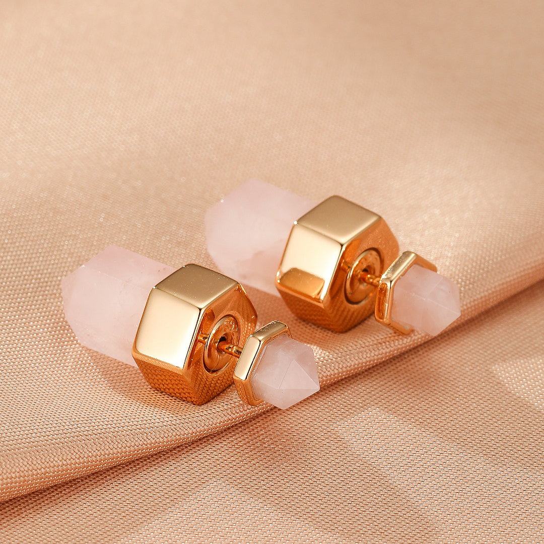 Boucles d’oreilles Quartz Rose – Point de Lumière, Argent Plaqué Or 10K