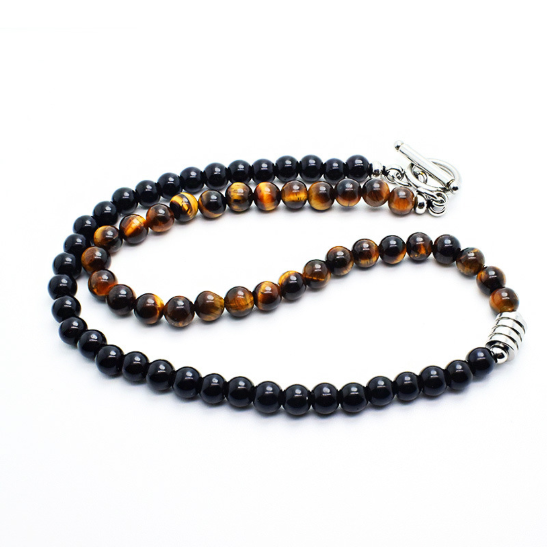 Collier Homme Œil de Tigre et Obsidienne – Fusion Mystique