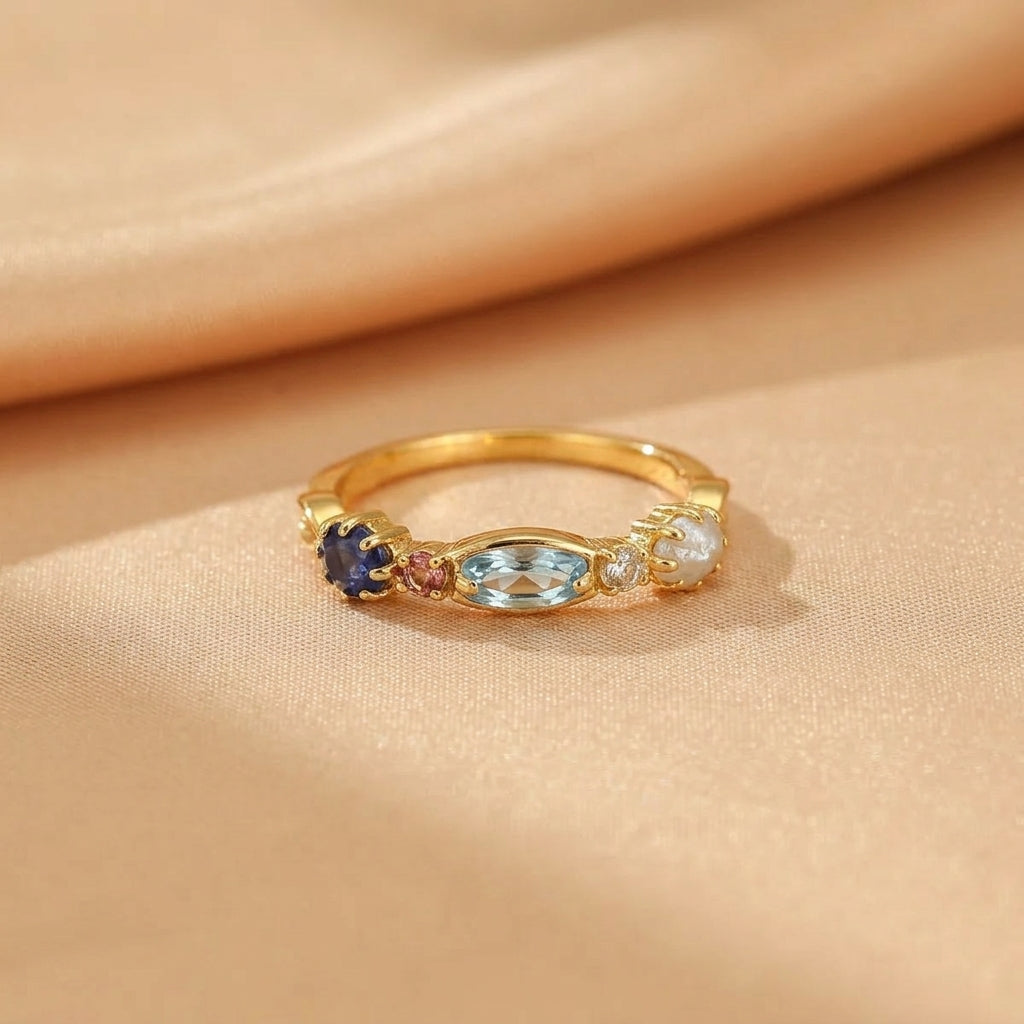 Bague Topaze, Lolite et Labradorite – Destin Paradisiaque, Argent Plaqué Or 10K