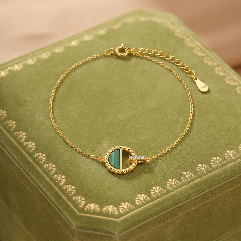 Bracelet Malachite – Cercle Lumineux, Argent Plaqué Or