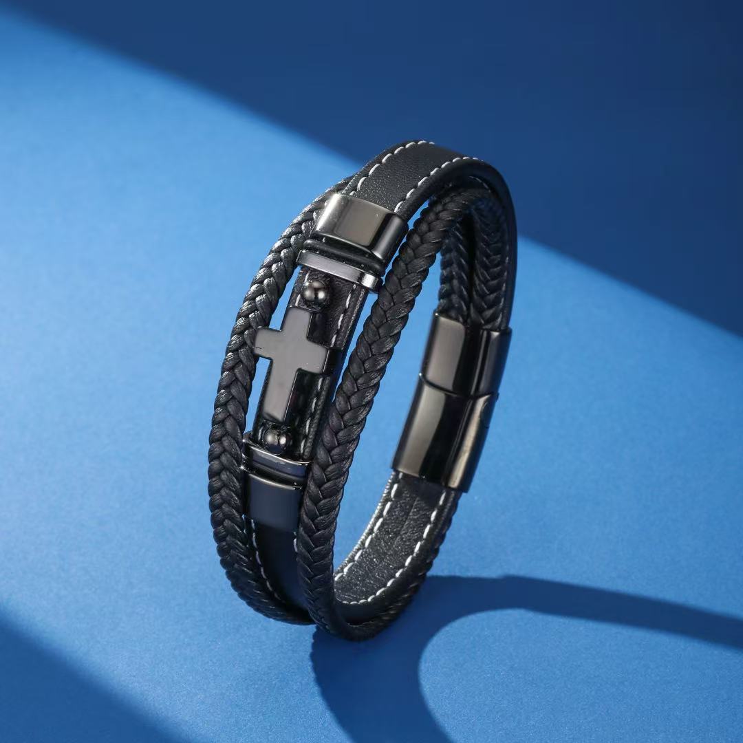 Bracelet Homme Cuir Onyx – Croix de Foi