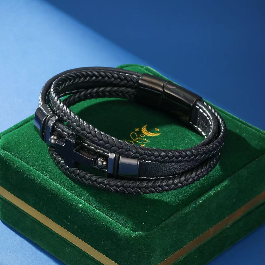 Bracelet Homme Cuir Onyx – Croix de Foi