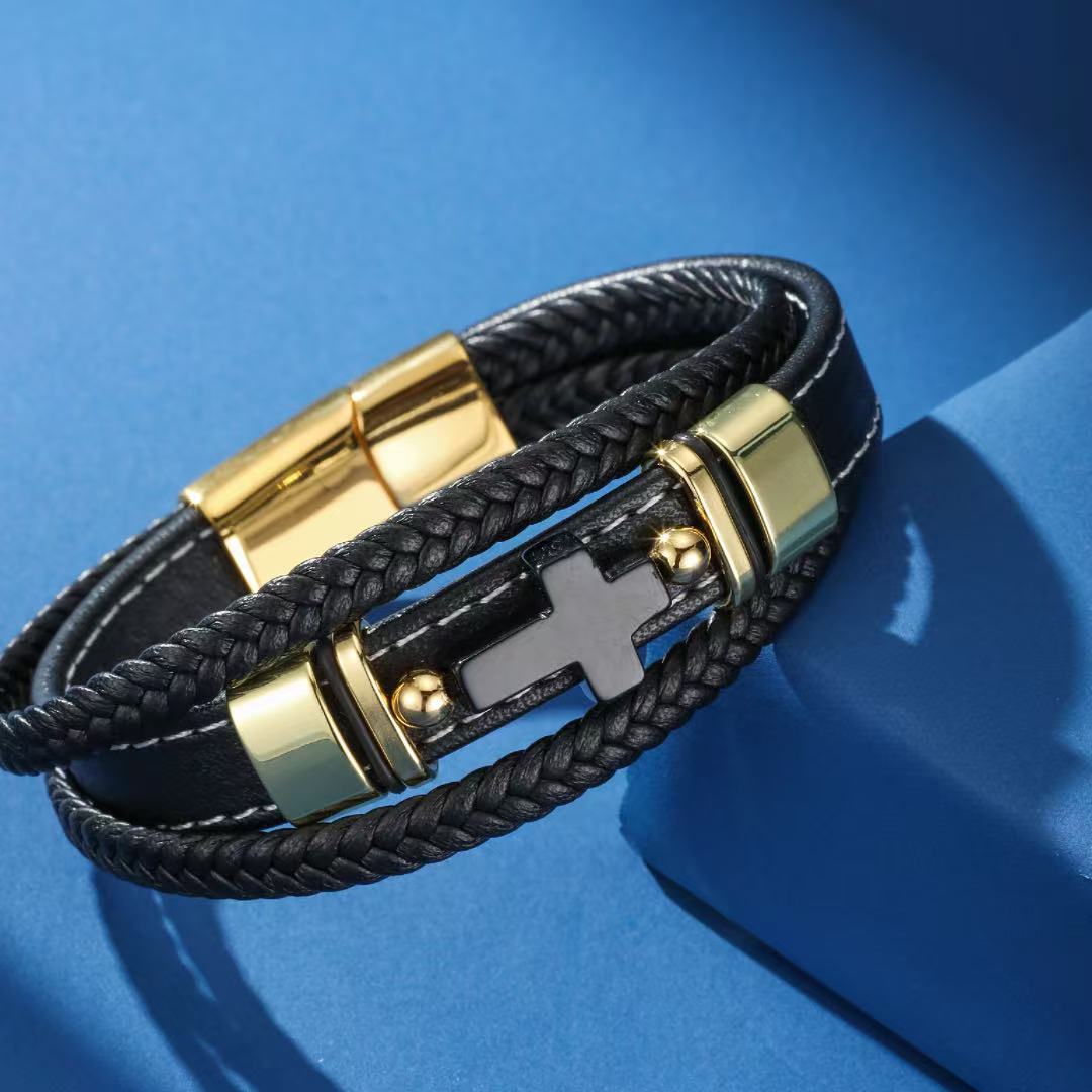 Bracelet Homme Cuir Onyx – Croix de Foi
