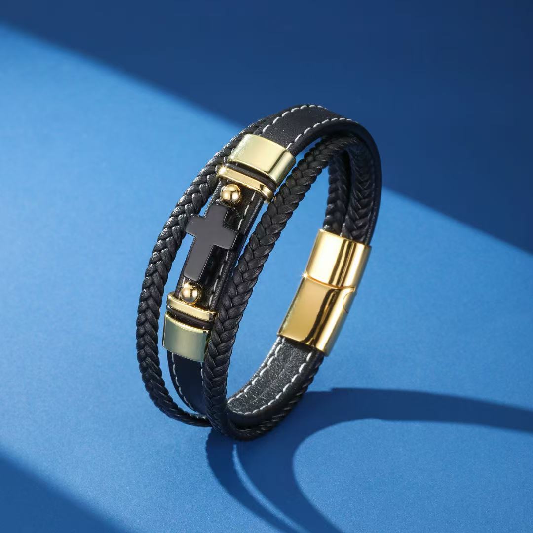 Bracelet Homme Cuir Onyx – Croix de Foi