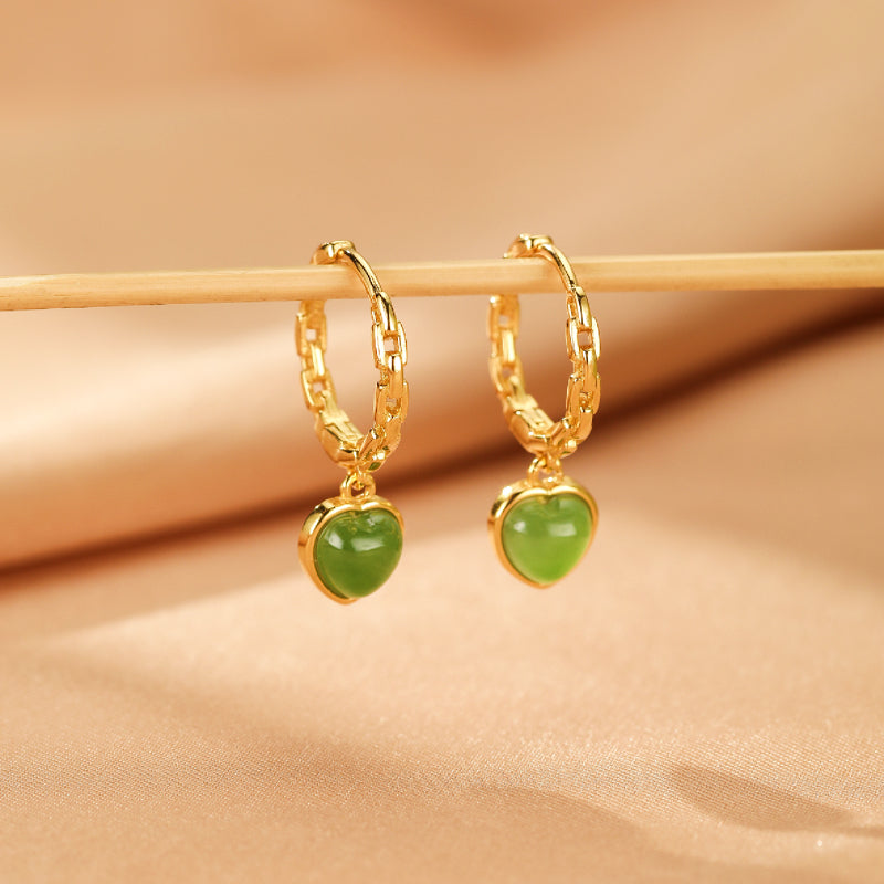 Boucles d'Oreilles Jade – Cœur de Sérénité, Argent Plaqué Or