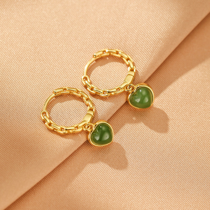 Boucles d'Oreilles Jade – Cœur de Sérénité, Argent Plaqué Or