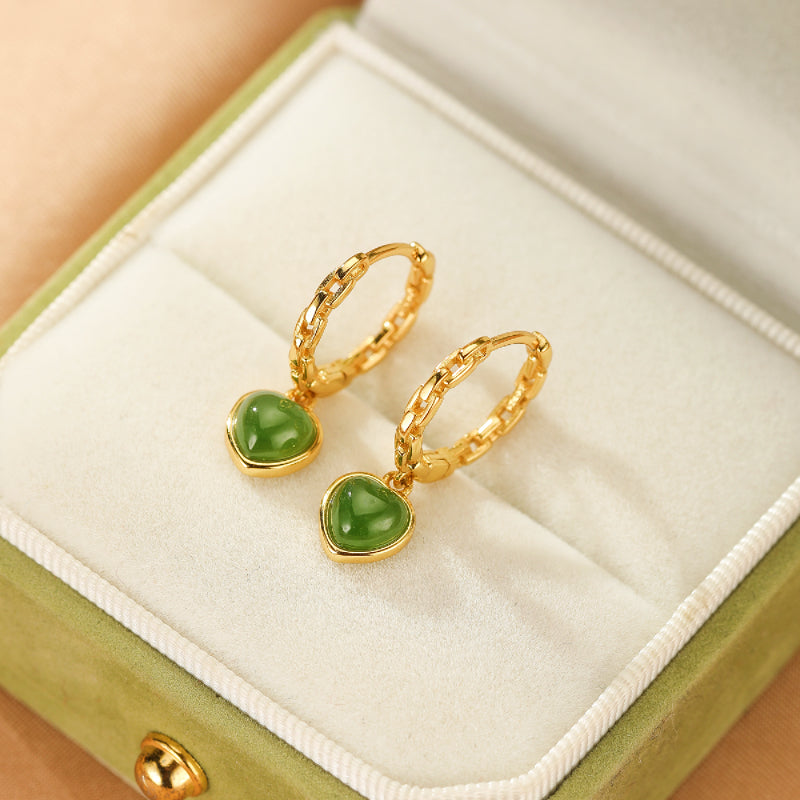 Boucles d'Oreilles Jade – Cœur de Sérénité, Argent Plaqué Or