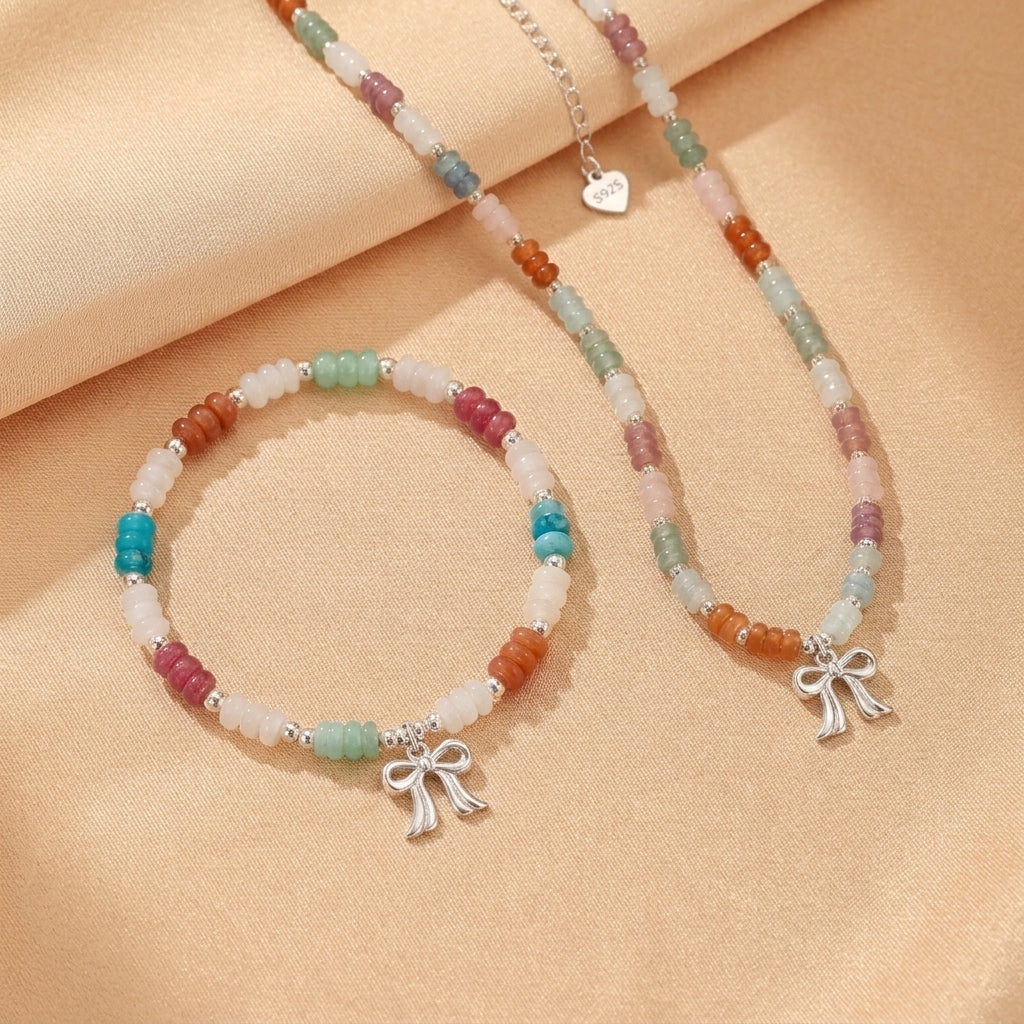 Collier Aventurine, Jade, Aigue-marine et Quartz Fraise – Nœud de Bonheur, Argent