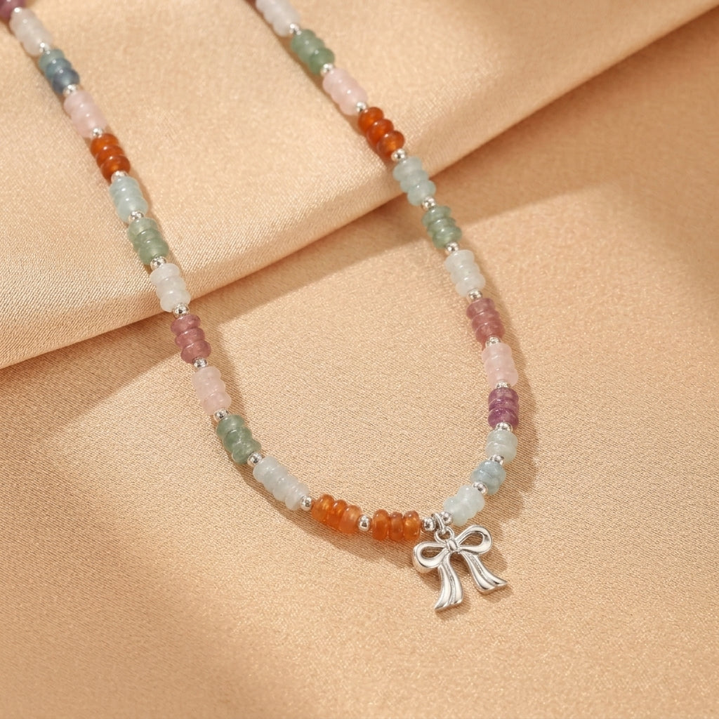 Collier Aventurine, Jade, Aigue-marine et Quartz Fraise – Nœud de Bonheur, Argent