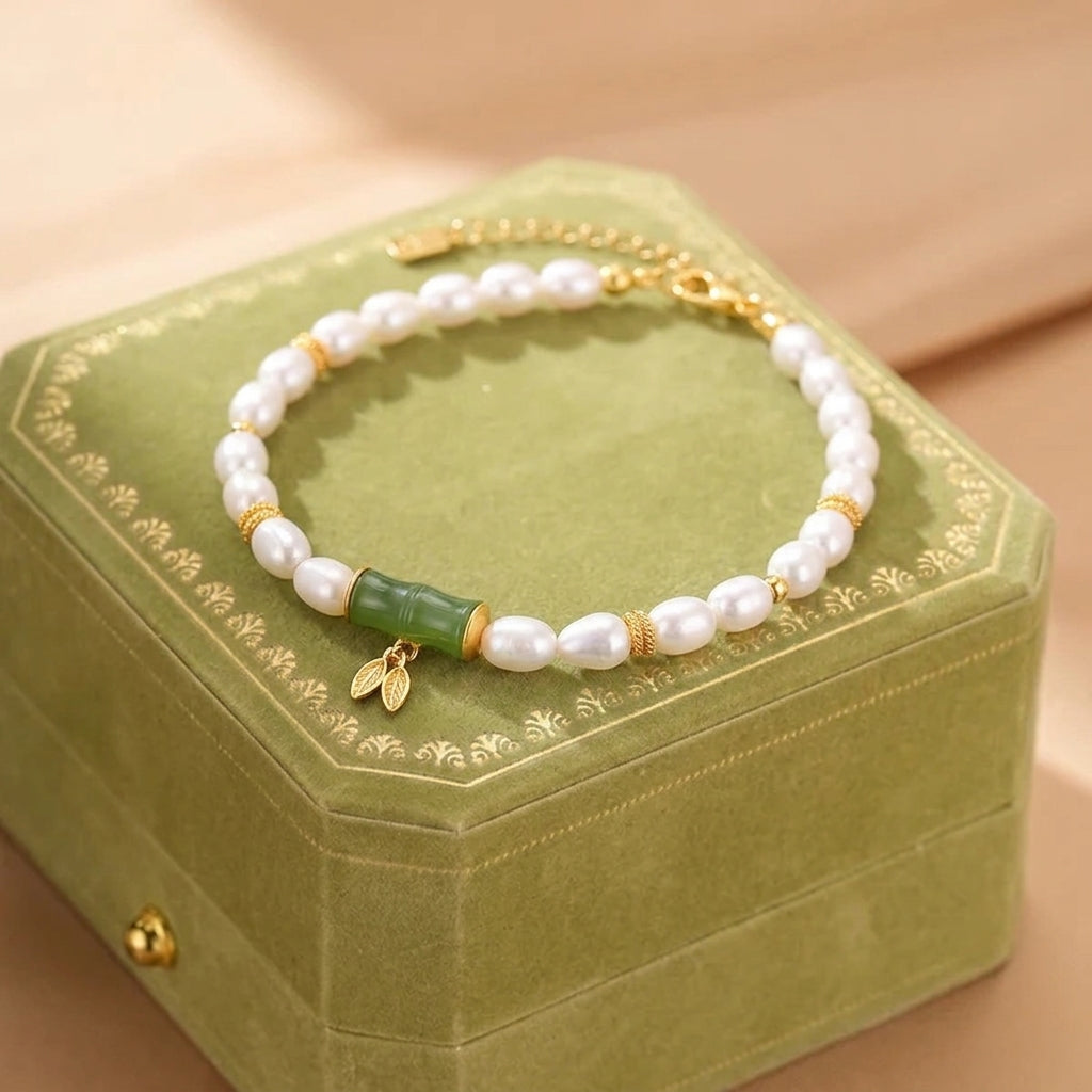 Bracelet Jade Néphrite et Perle – Rivage Lointain, Argent Plaqué Or