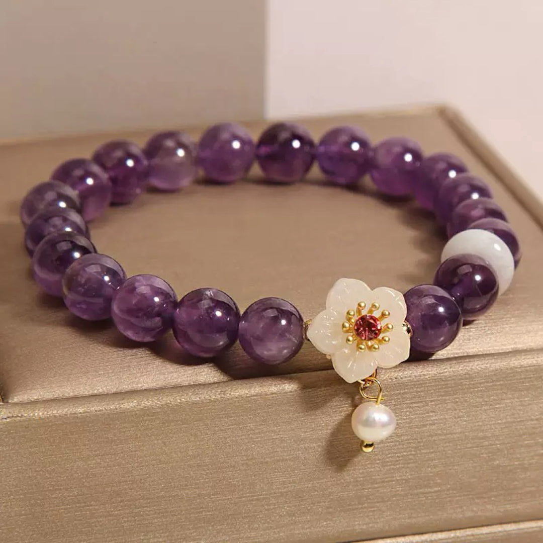 Bracelet Améthyste, Jade et Perle – Fleur de Sérénité