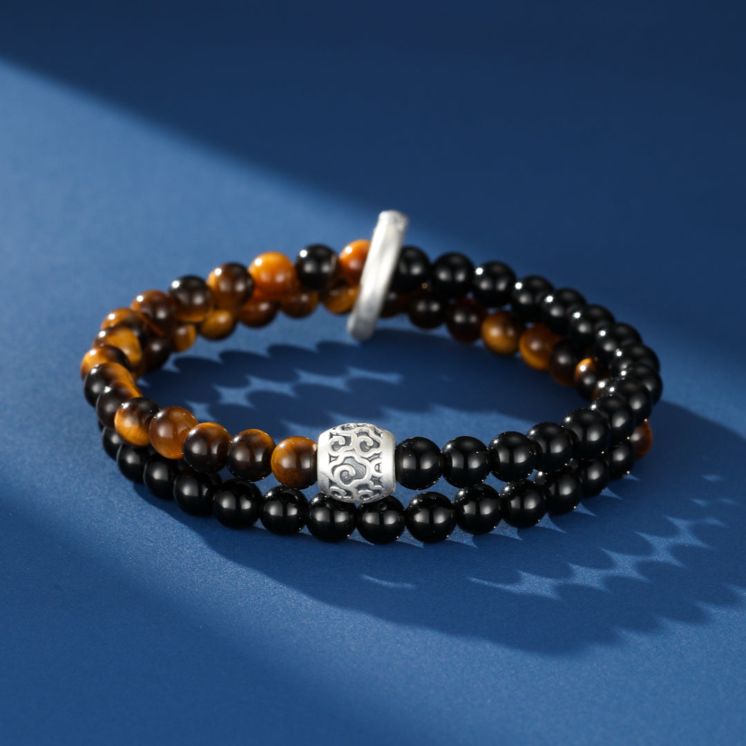 Bracelet Homme Obsidienne et Œil de Tigre – Dualité Solaire, Argent 999