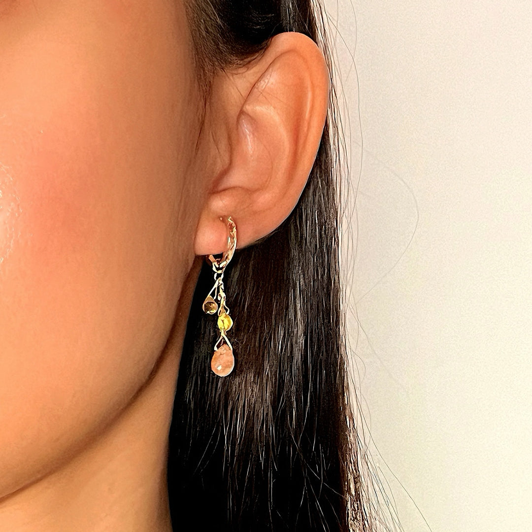 Boucles d'Oreilles Pierre de Soleil et Citrine – Rayons Bohèmes, Argent Plaqué Or
