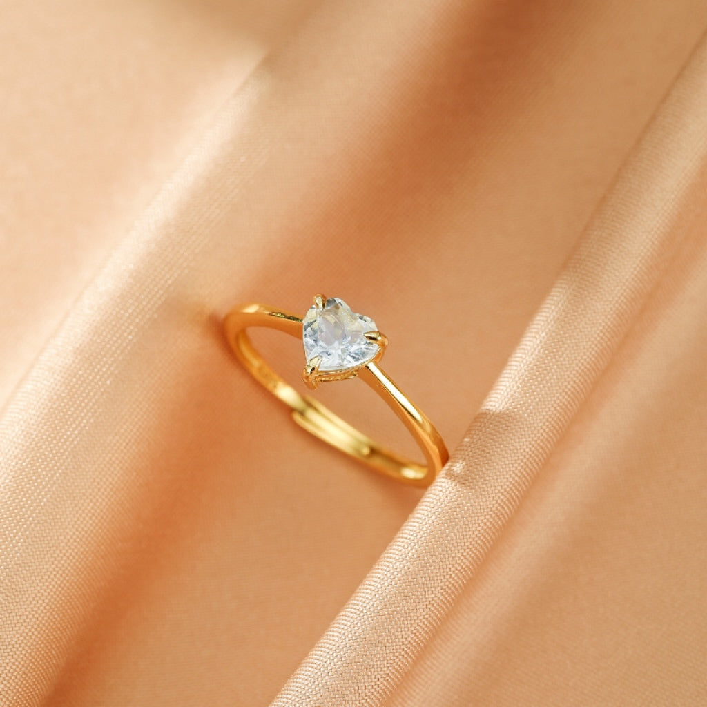 Bague Aigue marine – Cœur Céleste, Argent Plaqué Or