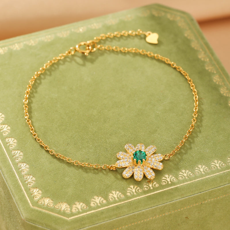 Emerald Bracelet – Sparkling Flower, 18K Gold Plated Silver