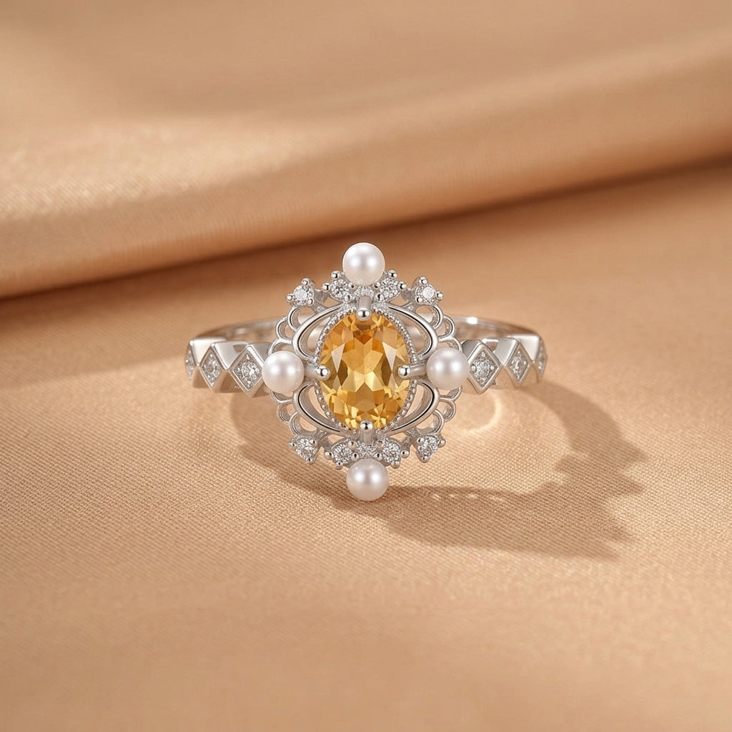 Bague Citrine et Perle – Splendeur Dorée, Argent