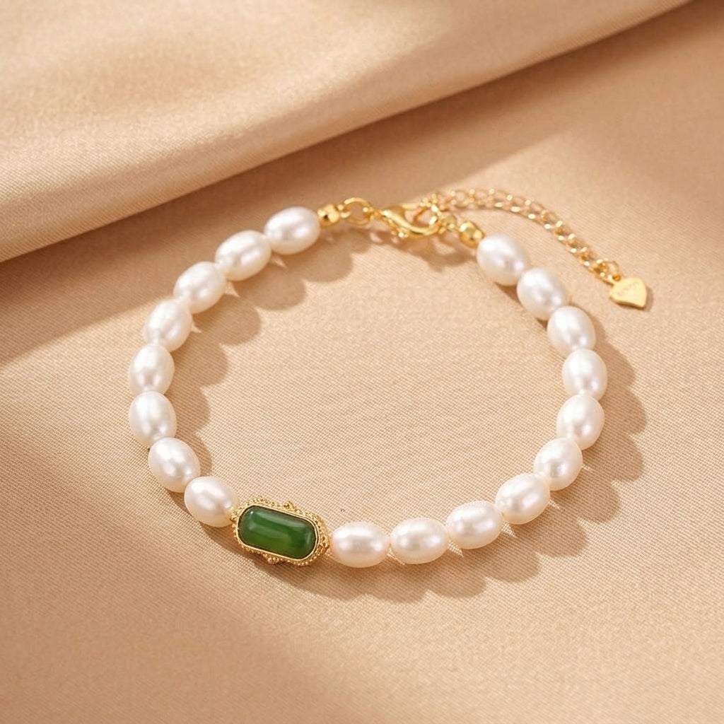 Bracelet Jade Néphrite et Perles – Montagne Secrète, Argent Plaqué Or
