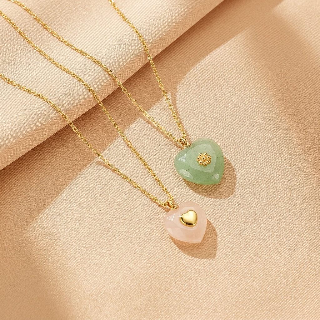 Collier Quartz Rose / Aventurine – Cœur Doux