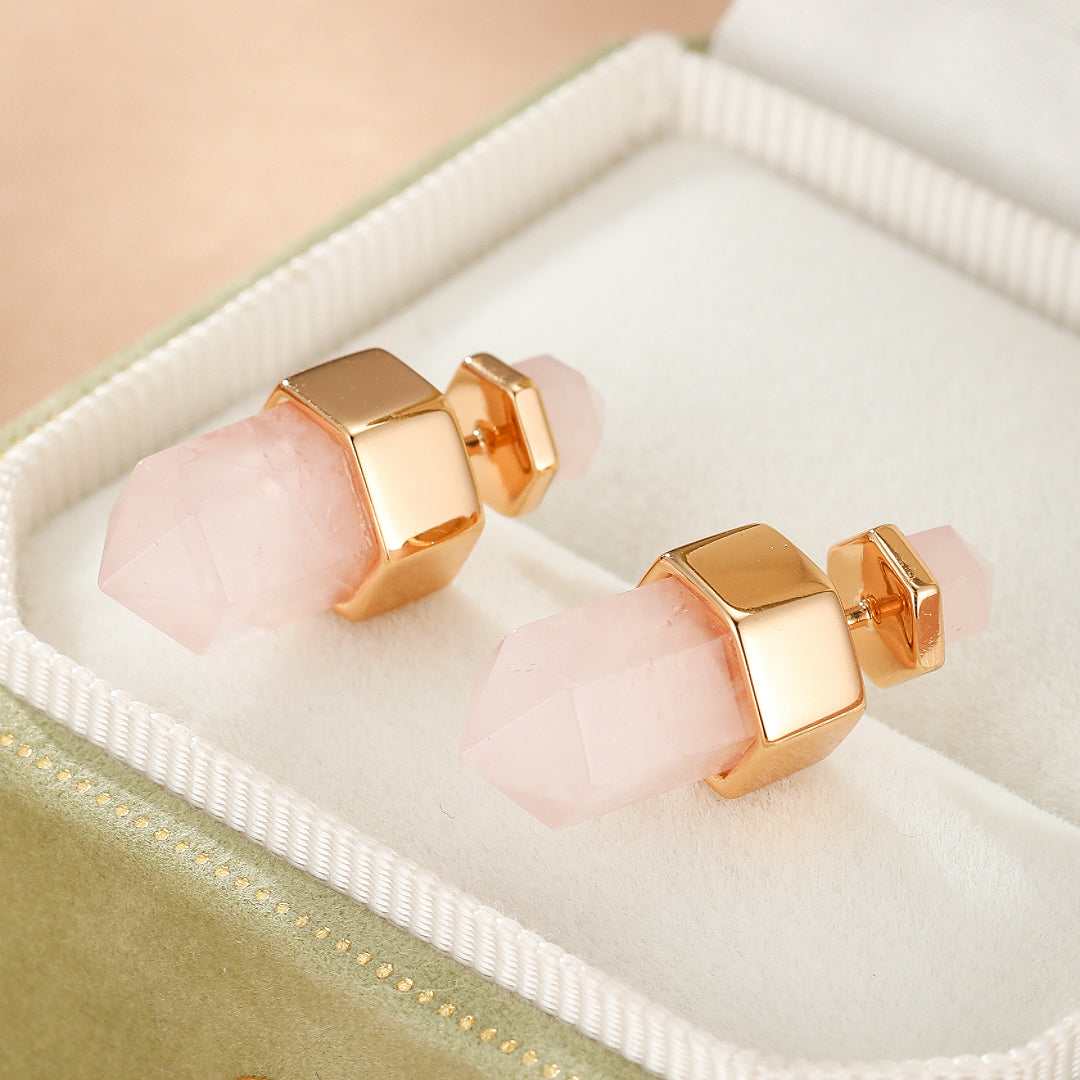 Boucles d’oreilles Quartz Rose – Point de Lumière, Argent Plaqué Or 10K