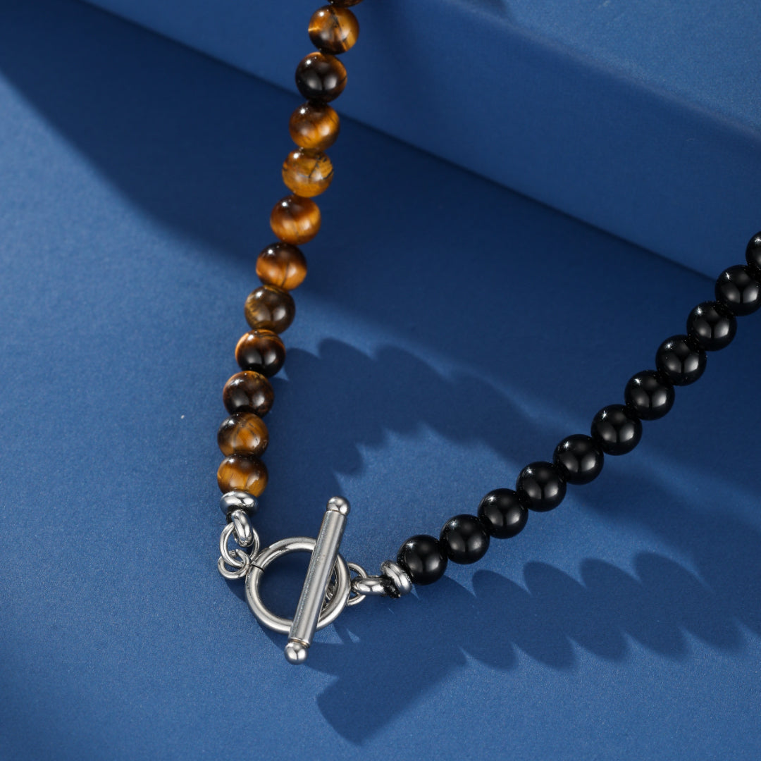 Collier Homme Œil de Tigre et Obsidienne – Fusion Mystique