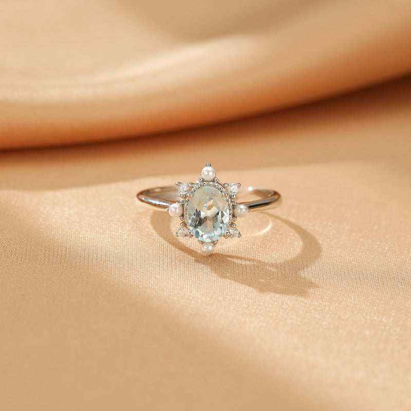 Aquamarine, Pearl and Zircon Ring – Sea Flower, 925 Silver