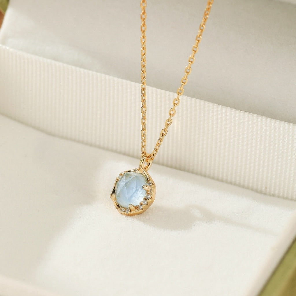 Collier Aigue marine et Pierre de Lune – Rêve Lunaire, Argent Plaqué Or 10K