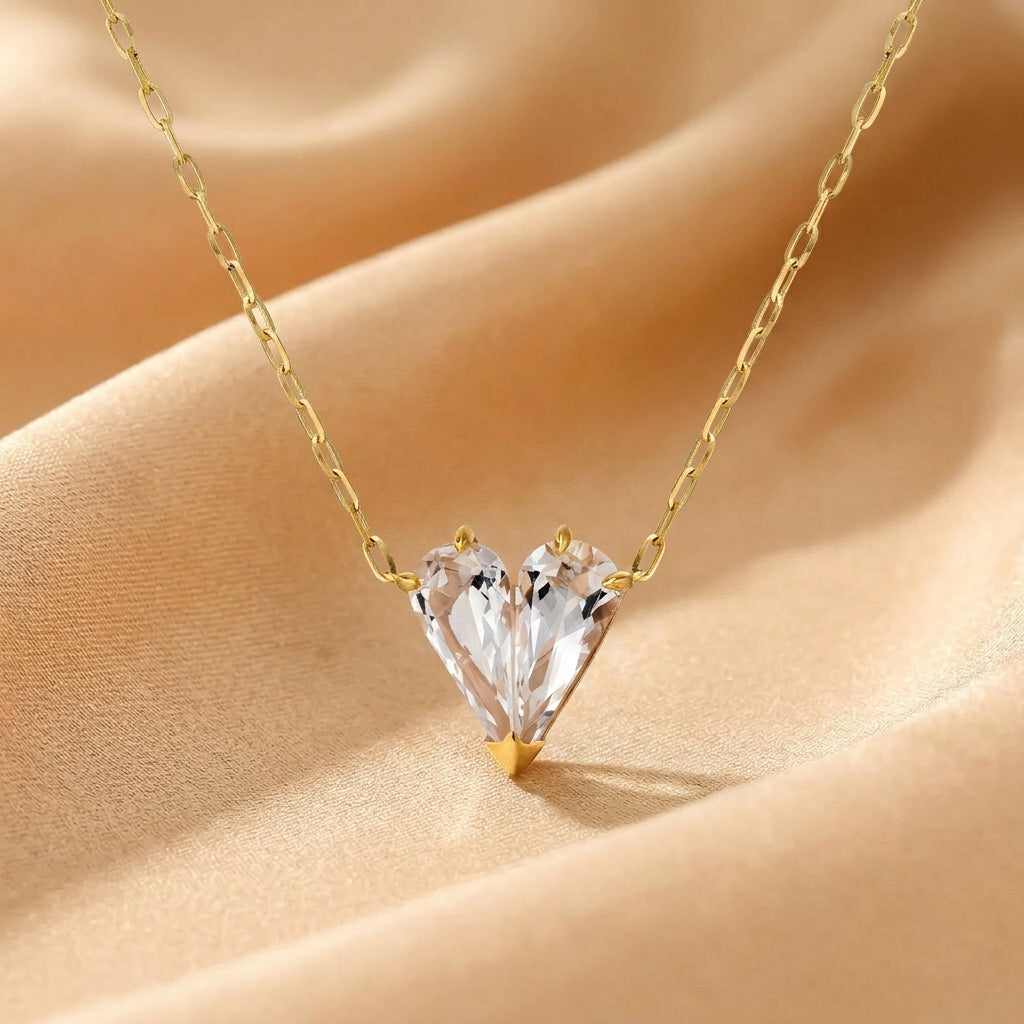 Collier Cristal de Roche – Cœur Cristallin, Argent Plaqué Or 18k