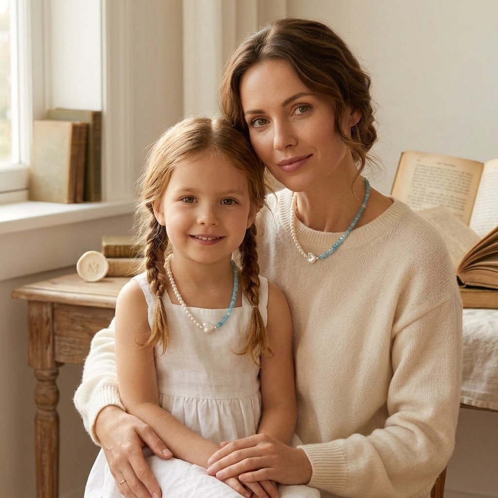 Collier Perle et Aigue-marine – Duo Céleste, Argent