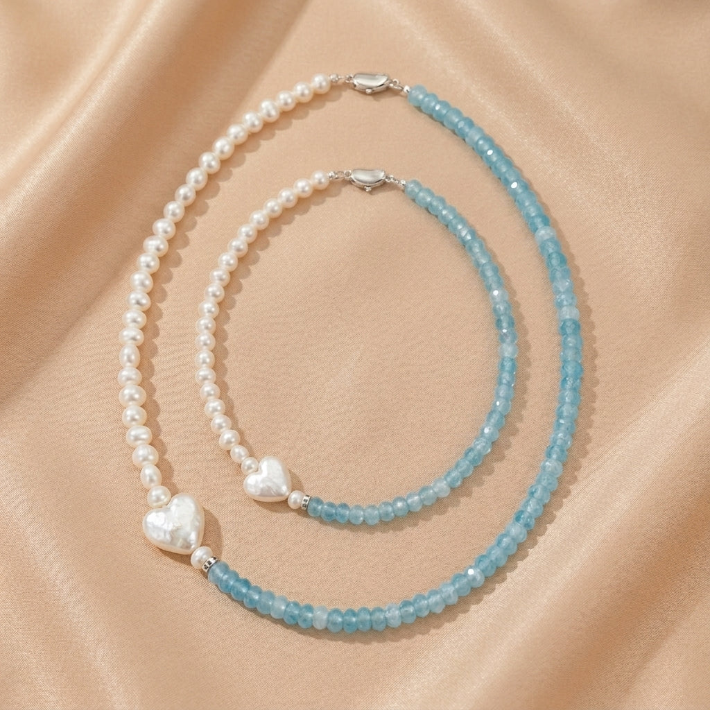 Collier Perle et Aigue-marine – Duo Céleste, Argent