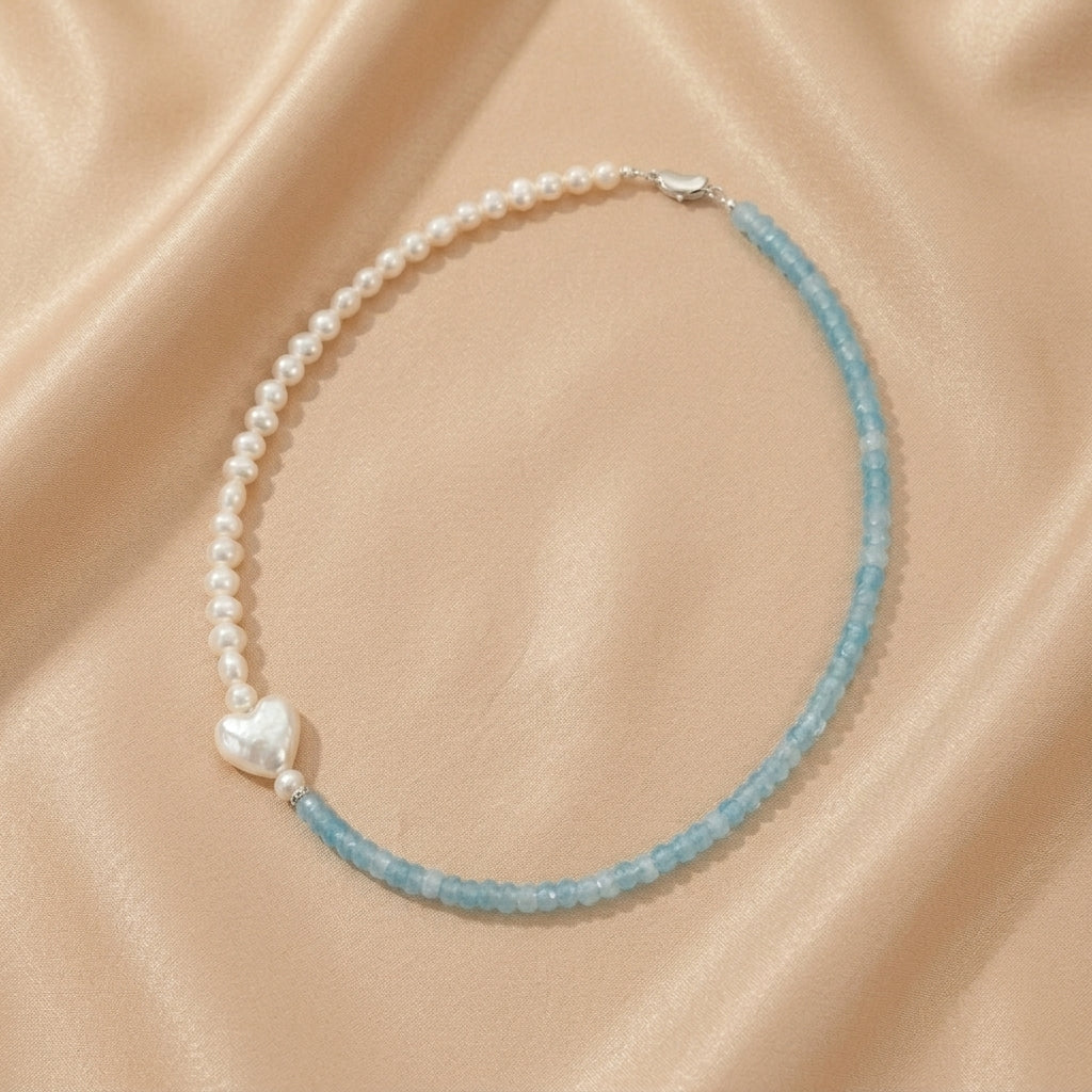 Collier Perle et Aigue-marine – Duo Céleste, Argent