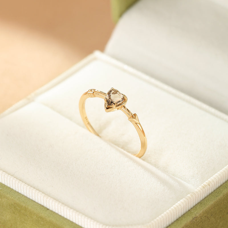 Bague Quartz Fumé – Flèche d'Amour, Argent Plaqué Or 14K