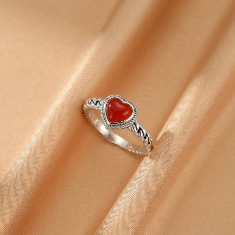 Bague Agate Rouge – Cœur Passion, Argent