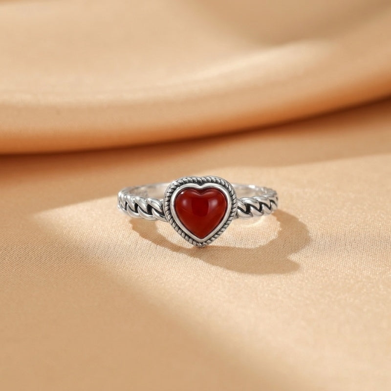 Bague Agate Rouge – Cœur Passion, Argent